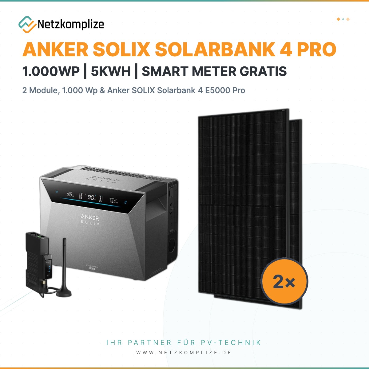 Balkonkraftwerk 1000 W – 2× Jolywood JW-HD108N-R2-500W + Anker SOLIX Solarbank 4 E5000 Pro