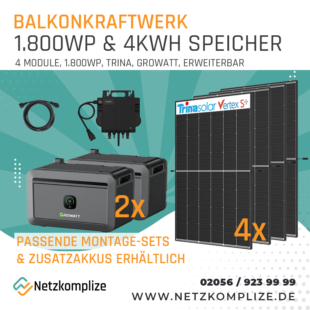Balkonkraftwerk 1800Wp mit 4kWh Batteriespeicher | Trina | Growatt