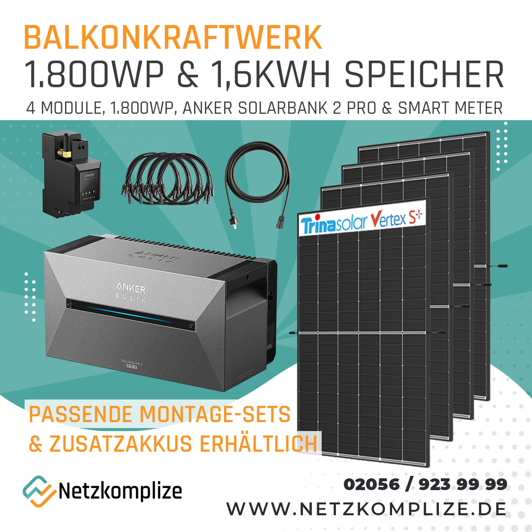 Anker SOLIX Solarbank 2 Pro + 4x 450Wp Trina Module + Smart Meter | Balkonkraftwerk mit Speicher