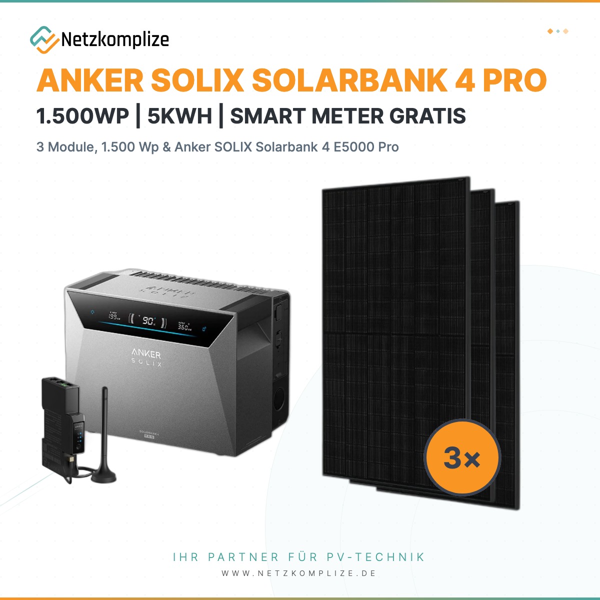 Balkonkraftwerk 1500 W – 3× Jolywood JW-HD108N-R2-500W + Anker SOLIX Solarbank 4 E5000 Pro