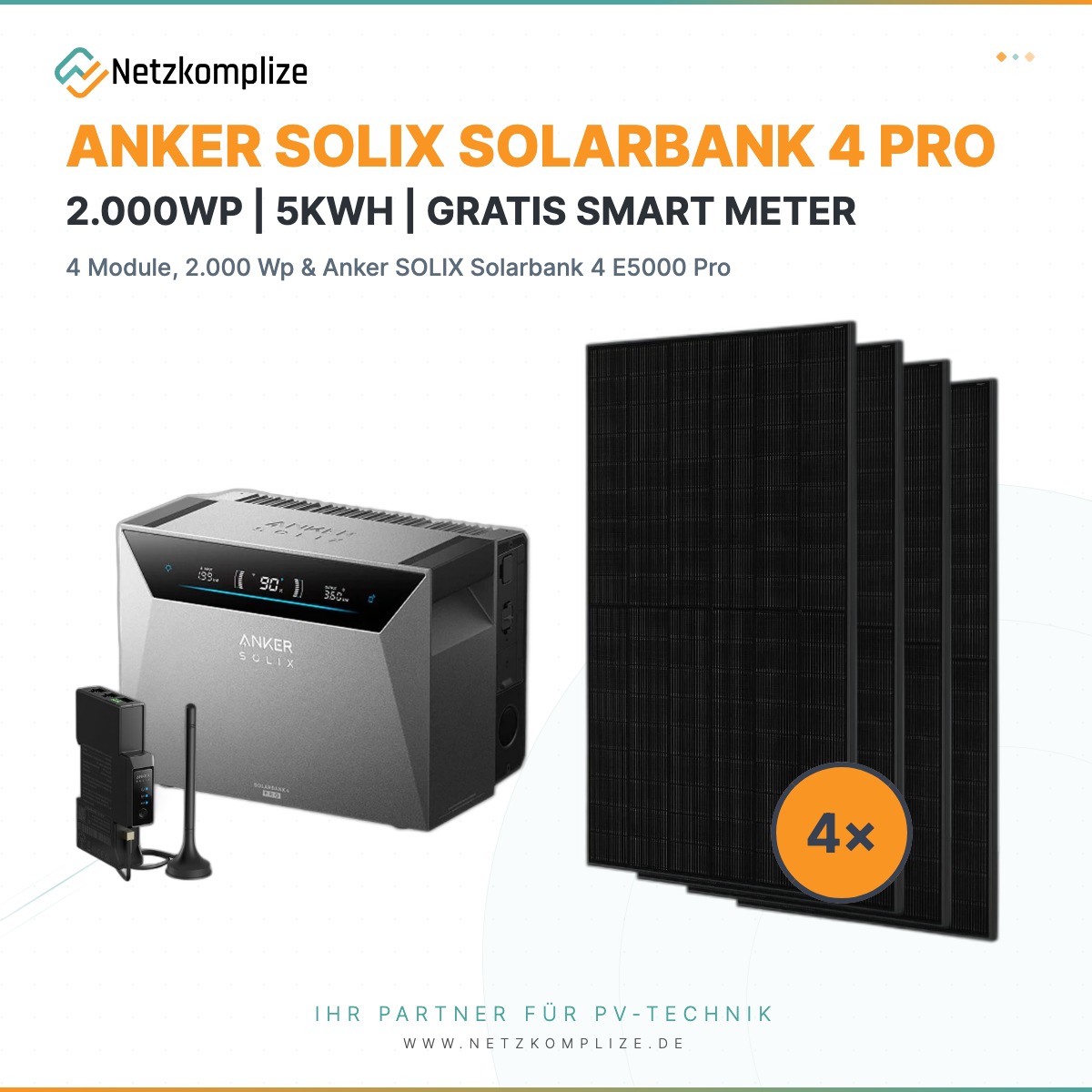Balkonkraftwerk 2000 W – 4× Jolywood JW-HD108N-R2-500W + Anker SOLIX Solarbank 4 E5000 Pro