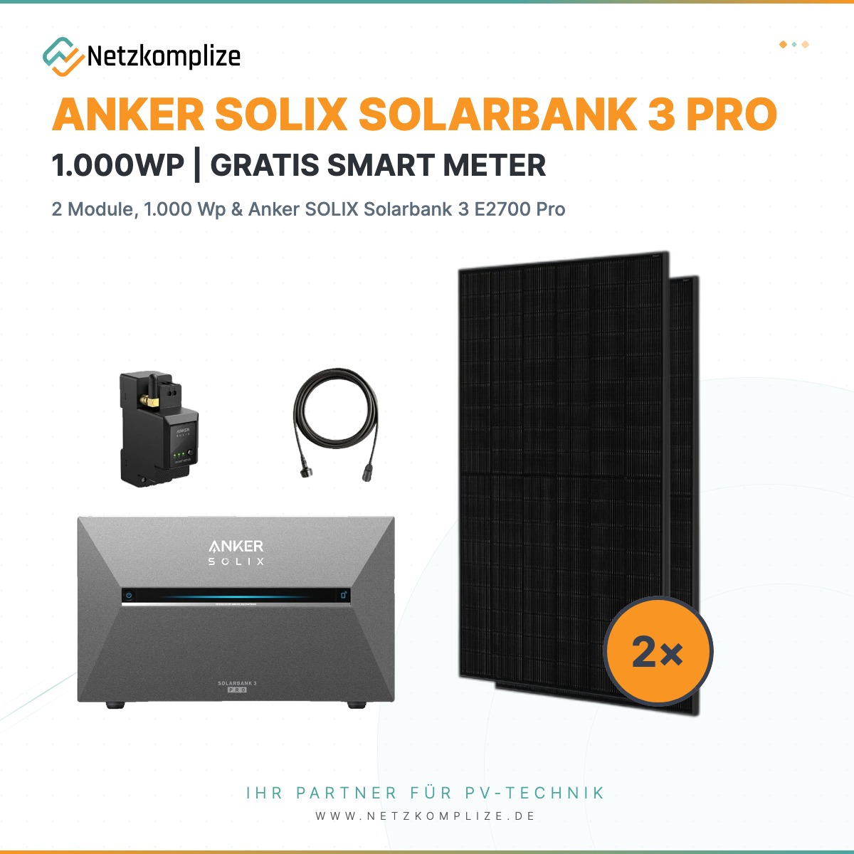Balkonkraftwerk 1000 W – 2× Jolywood JW-HD108N-R2-500W + Anker SOLIX Solarbank 3 E2700 Pro