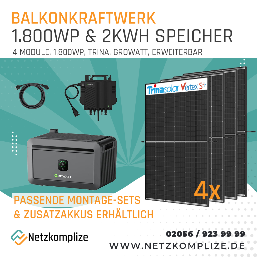 Balkonkraftwerk 1800Wp mit 2kWh Batteriespeicher | Trina | Growatt