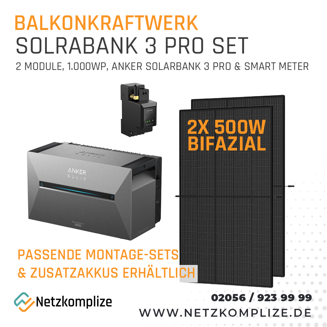 Balkonkraftwerk-Set: Anker SOLIX Solarbank 3 E2700 Pro + 2x500Wp Full Black bifaziale Glas/Glas Module von Jolywood