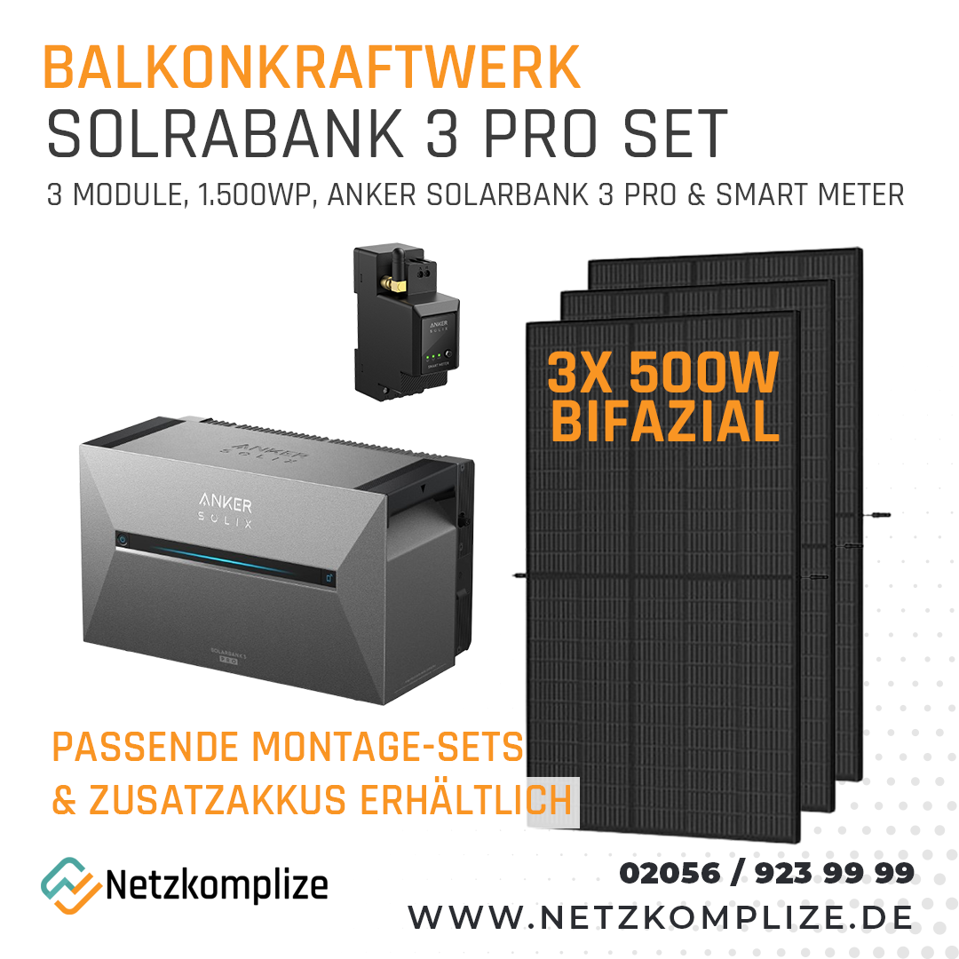 Balkonkraftwerk-Set: Anker SOLIX Solarbank 3 E2700 Pro + 3x500Wp Full Black bifaziale Glas/Glas Module von Jolywood
