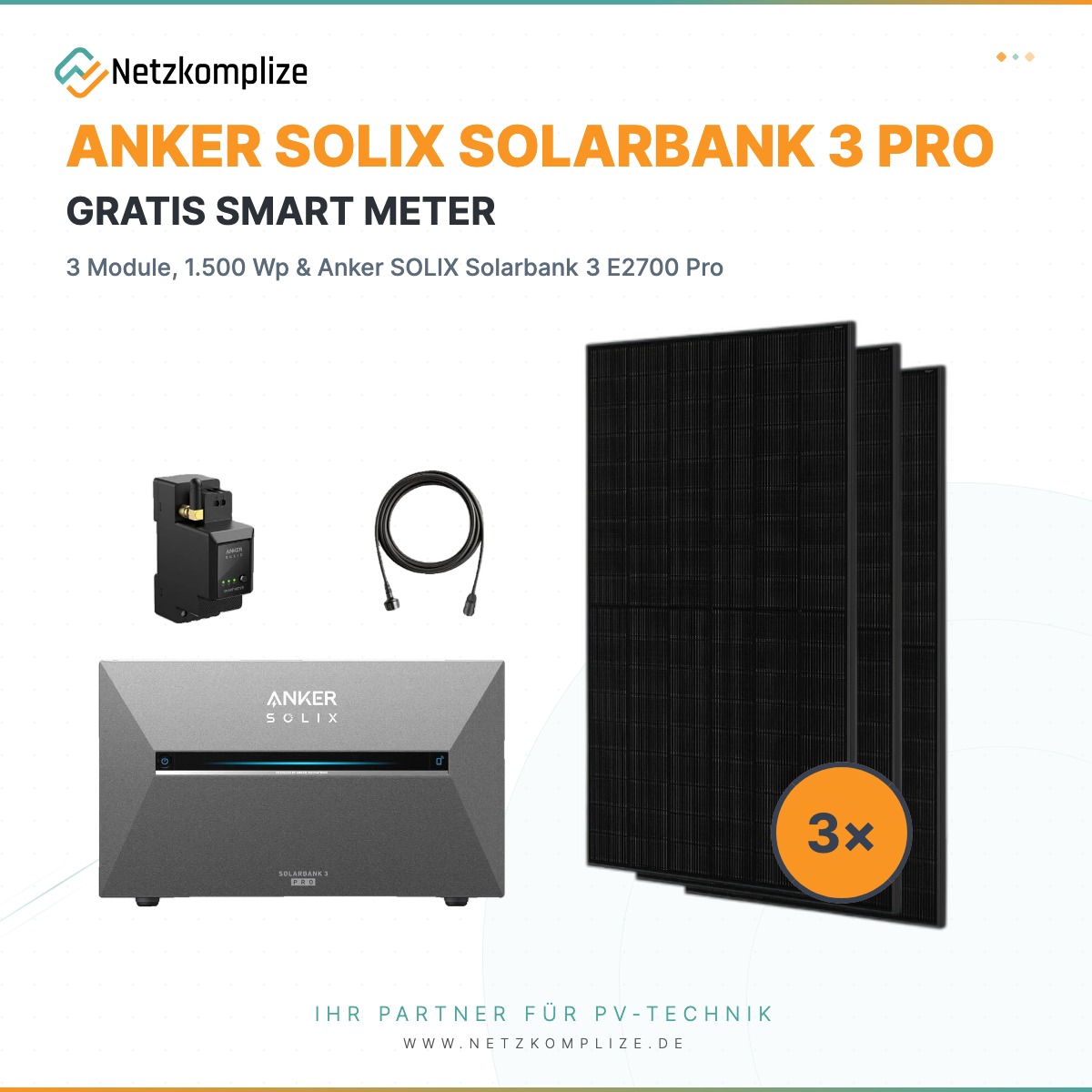 Balkonkraftwerk 1500 W – 3× Jolywood JW-HD108N-R2-500W + Anker SOLIX Solarbank 3 E2700 Pro