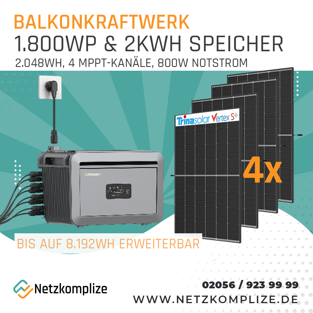 Growatt NEXA 2000 + 4x 450Wp Trina Module | Balkonkraftwerk mit Speicher