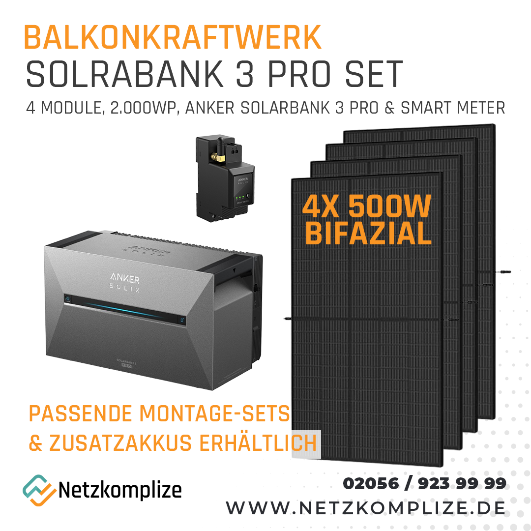 Balkonkraftwerk-Set: Anker SOLIX Solarbank 3 E2700 Pro + 4x500Wp Full Black bifaziale Glas/Glas Module von Jolywood