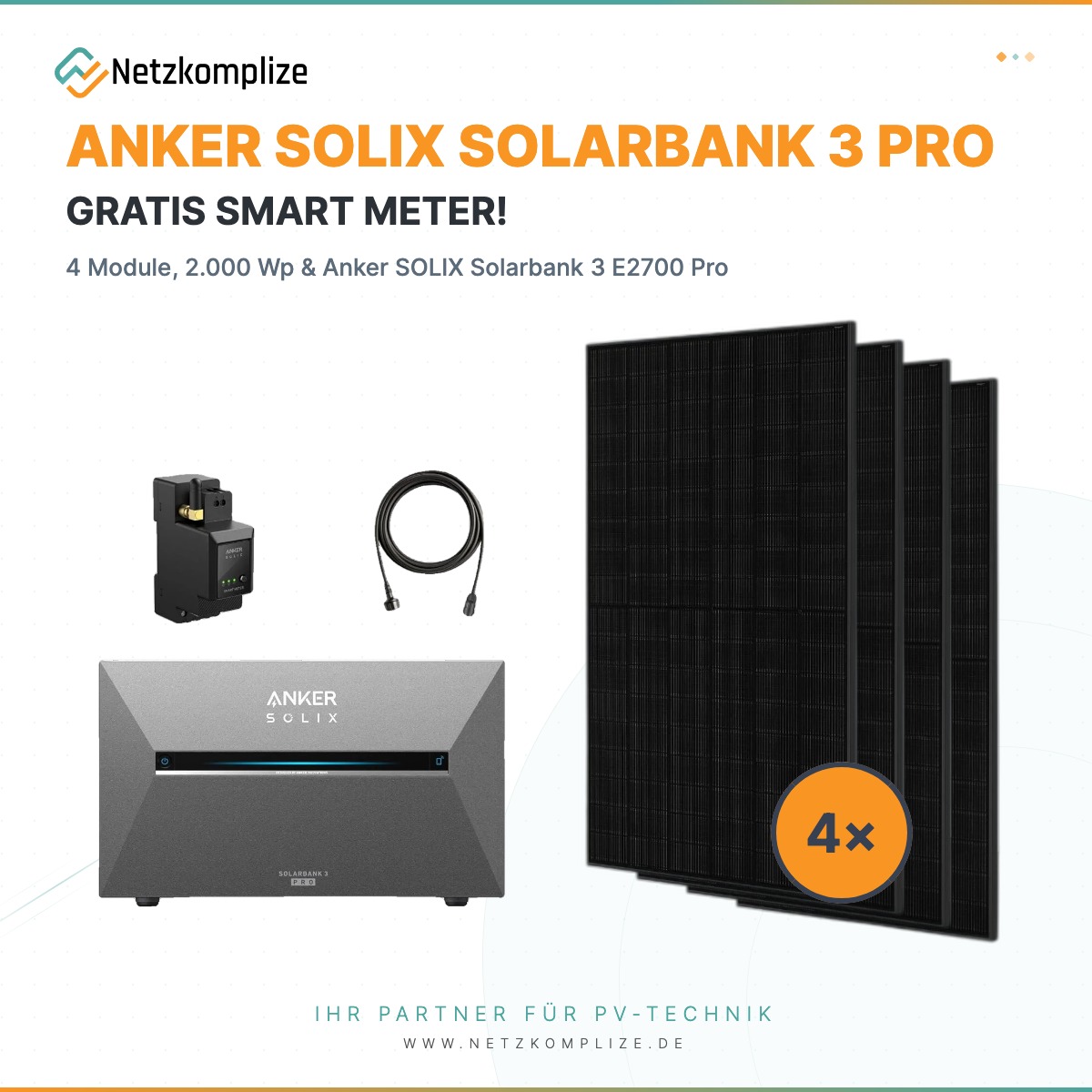 Balkonkraftwerk 2000 W – 4× Jolywood JW-HD108N-R2-500W + Anker SOLIX Solarbank 3 E2700 Pro