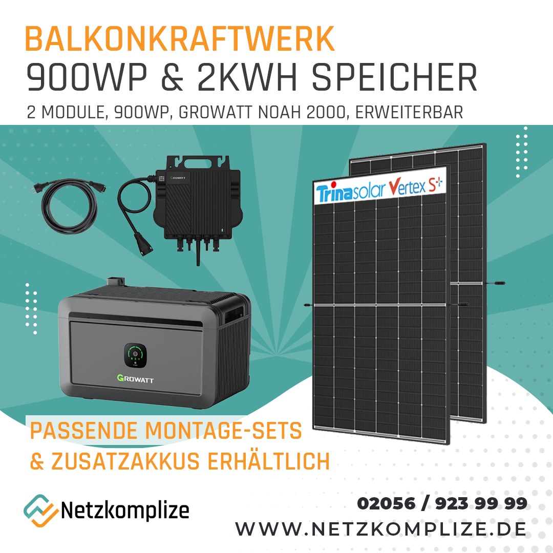 Balkonkraftwerk 900Wp mit 2kWh Batteriespeicher | Trina | Growatt