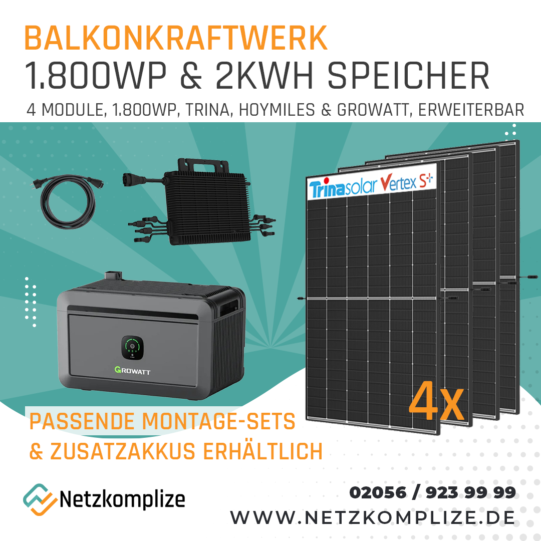 Balkonkraftwerk 1800Wp mit 2kWh Batteriespeicher | Trina | Hoymiles